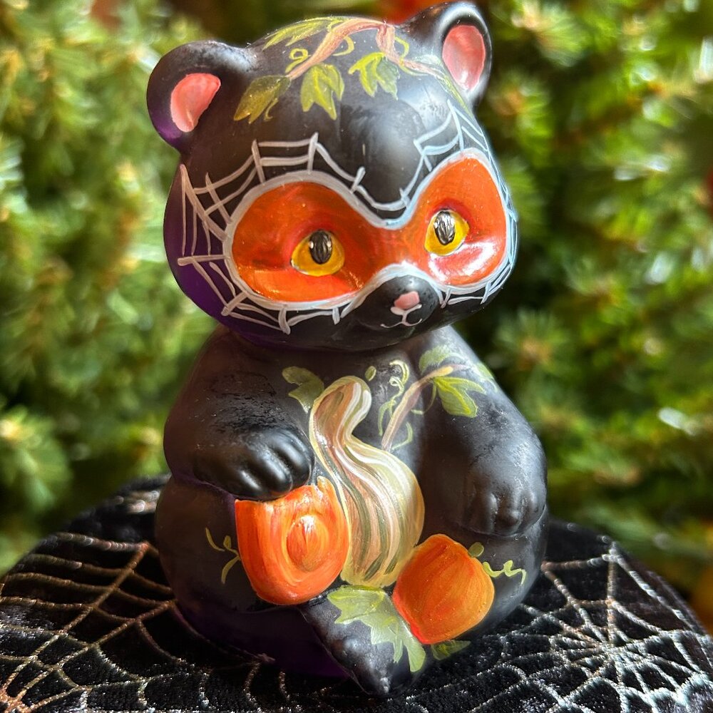 RARE Fenton Signed and Hand Painted Halloween Fall Harvest Bear in Black